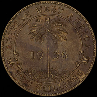 Британская Западная Африка. 2 шиллинга 1936 г. Н. Сплав олова с латунью Британская Западная Африка. 2 шиллинга 1936 г. Н. Сплав олова с латунью