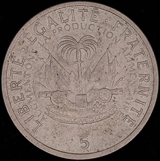 Гаити. 5 сантимов 1975 г. Медно-цинково-никелевый сплав Гаити. 5 сантимов 1975 г. Медно-цинково-никелевый сплав