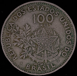 Бразилия. 100 рейсов 1901 г. Медно-никелевый сплав Бразилия. 100 рейсов 1901 г. Медно-никелевый сплав