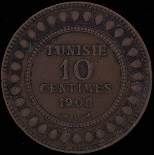 Тунис. 10 сантимов 1326 (1908) г. Медь Тунис. 10 сантимов 1326 (1908) г. Медь