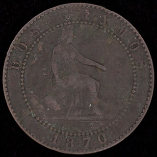 Испания. 2 сентимо 1870 г. Медь Испания. 2 сентимо 1870 г. Медь