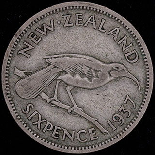 Новая Зеландия. 6 пенсов 1937 г. Серебро Новая Зеландия. 6 пенсов 1937 г. Серебро