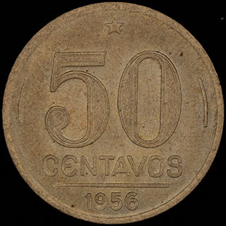 Бразилия. 50 сентаво 1956 г. «Эурику Дутра». Алюминиевая бронза Бразилия. 50 сентаво 1956 г. «Эурику Дутра». Алюминиевая бронза